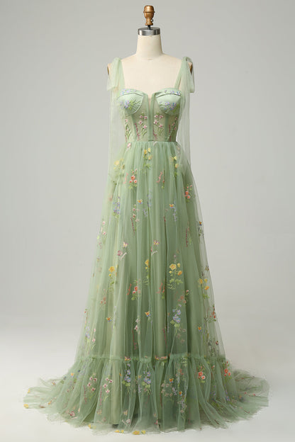 A Line Spaghetti Straps Corset Long Prom Dress With Embroidery Floor Length With Flowers