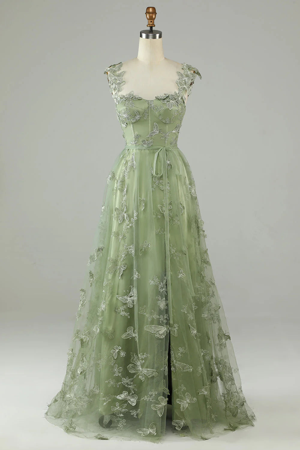 Green Long Tulle Prom Dress with 3D Butterflies Beautiful Formal Dress Charming Evening Party Dress
