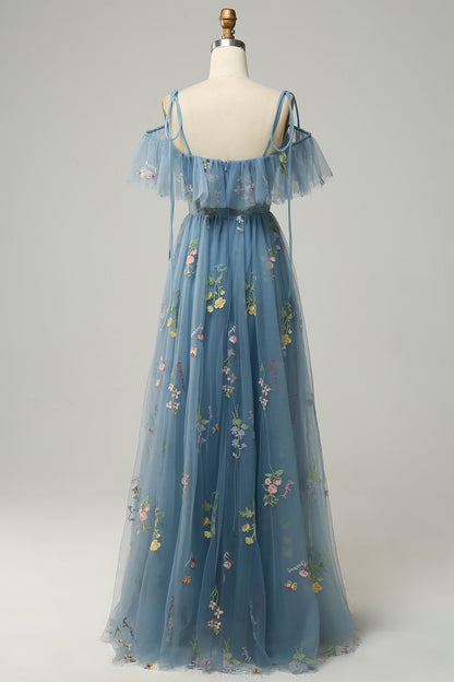A-Line V-Neck Spaghetti Straps Embroidery Grey Blue Long Prom Dress with Slit Sexy