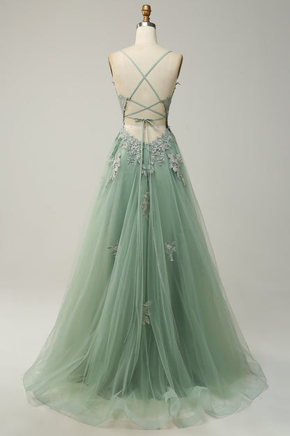 A Line Spaghetti Straps Grey Blue Long Prom Dress with Appliques Sexy