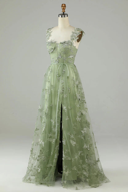 Green Long Tulle Prom Dress with 3D Butterflies Beautiful Formal Dress Charming Evening Party Dress