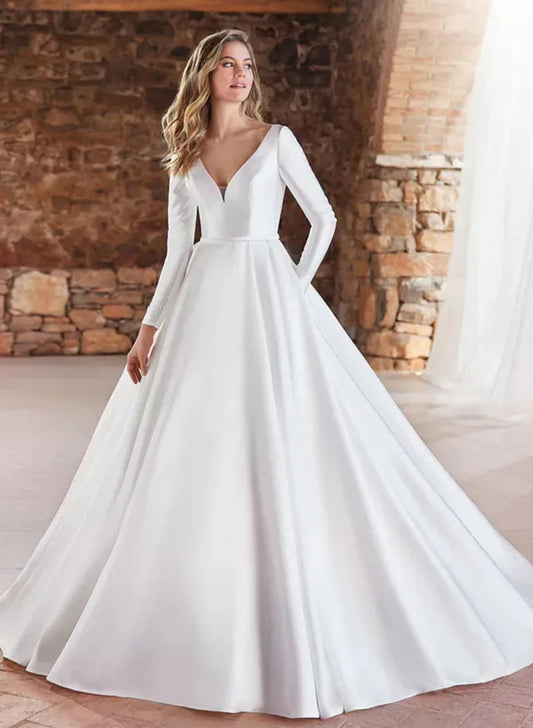Ball-Gown Long Sleeves Wedding Dresses With Satin Open Back V-neck Floor Length Elegant