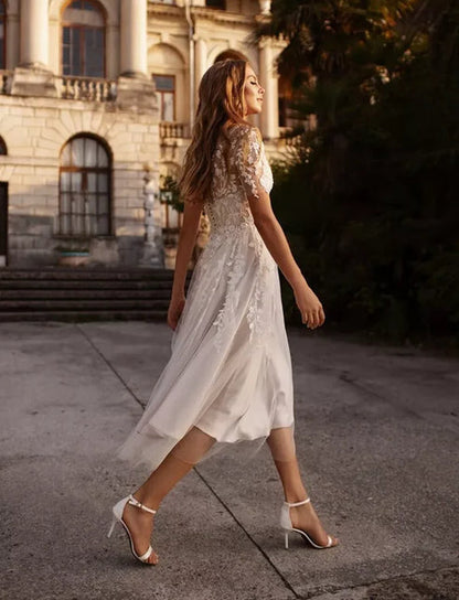 Tea Length Sleeves Ethereal Modern A-Line V-Neck Button Back Wedding Dress Elegant