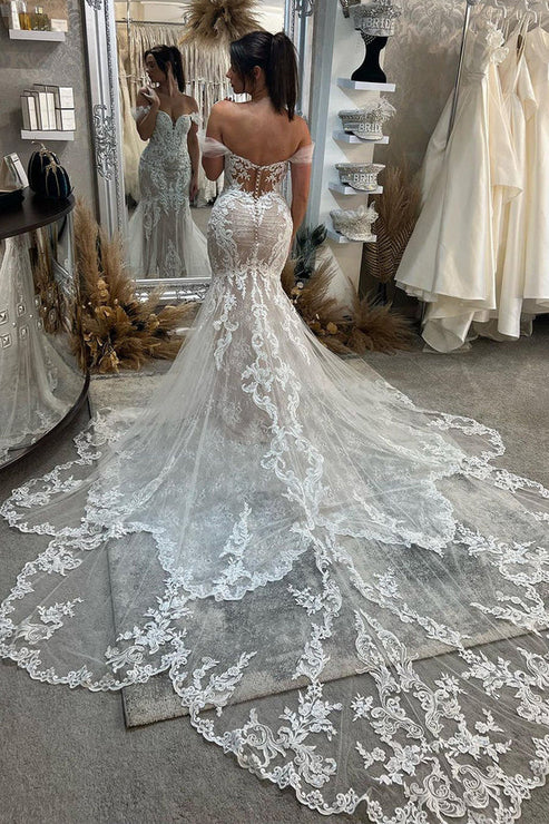 Mermaid Off the Shoulder Lace Wedding Dresses with Train Floor Length Beautiful