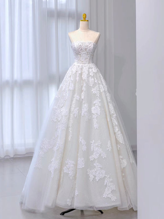 A-Line Tulle Lace ivory Long Prom Dress Formal Dress Off Shoulder Wedding Dress