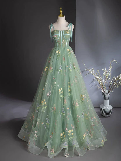 A-Line Sweetheart Neck Tulle Lace Green Long Prom Dress Floor Length With Flowers december wedding guest dress