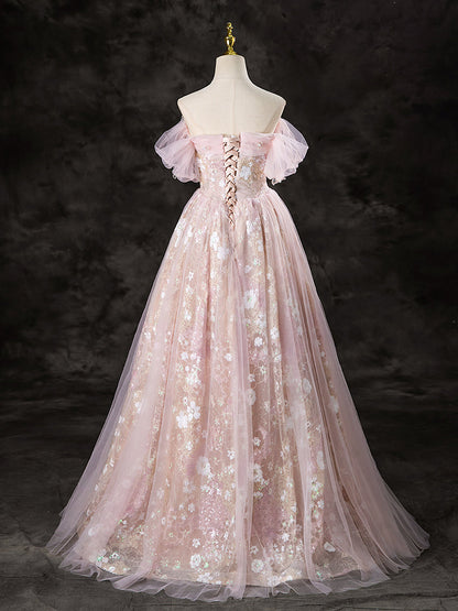A-Line Off Shoulder Pink Long Prom Dress Sweet 16 Dress Floor Length Beautiful
