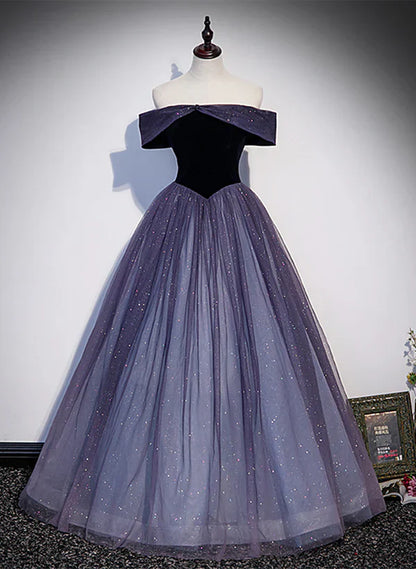 Sparkling Purple Gradient Tulle Off Shoulder A-line Purple Evening Dress Prom Dress Elegant