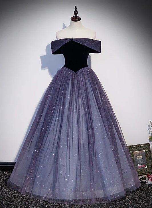 Sparkling Purple Gradient Tulle Off Shoulder A-line Purple Evening Dress Prom Dress Elegant