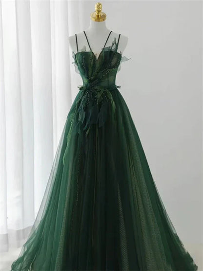 Dark Green Long Beaded A-line Evening Dress Party Dress Prom Dress Formal Dress december wedding guest dress