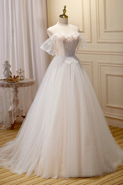 Champagne Floor Length Lace Long Prom Dress Off the Shoulder Evening Dress Wedding Dress