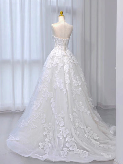 A-Line Tulle Lace ivory Long Prom Dress Formal Dress Off Shoulder Wedding Dress