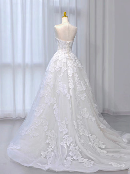 A-Line Tulle Lace ivory Long Prom Dress Formal Dress Off Shoulder Wedding Dress