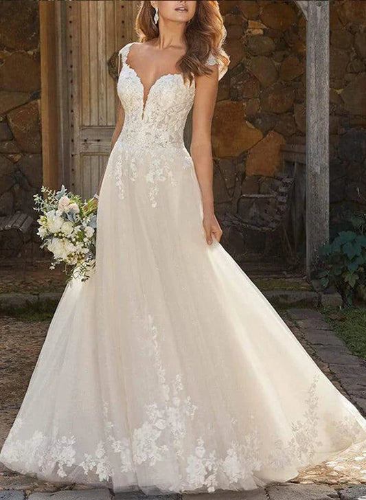 V-Neck Tulle Lace A-Line Wedding Dresses With Appliques Lace Floor Length Elegant