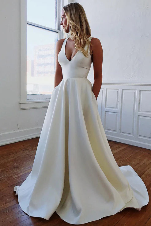 A-Line V-Neck White Long Wedding Dress with Bow-Knot Sexy