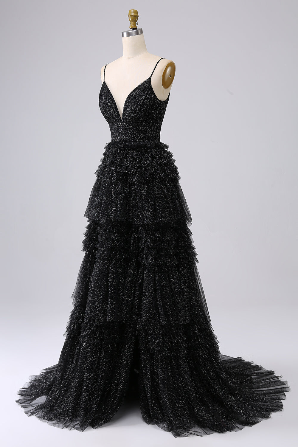 A Line Tulle Spaghetti Straps Sweetheart Prom Dress Floor Length With Slit