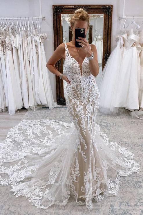 Mermaid V Neck Tulle Lace Wedding Dresses with Train White Beautiful