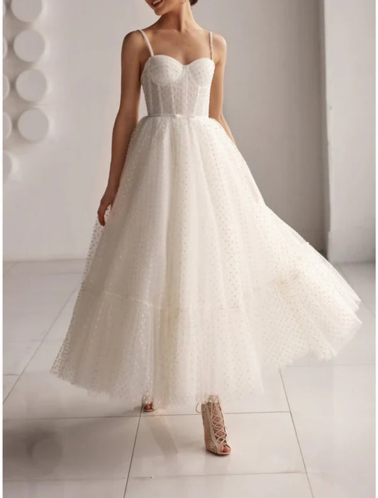 Reception Little White Dresses Wedding Dresses A-Line Sweetheart Camisole Spaghetti Strap Ankle Length Tulle Bridal Gowns