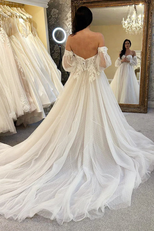 Ivory Tulle A-Line Long Wedding Dress with Train Off Shoulder Beautiful