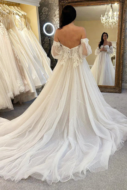 Ivory Tulle A-Line Long Wedding Dress with Train Off Shoulder Beautiful