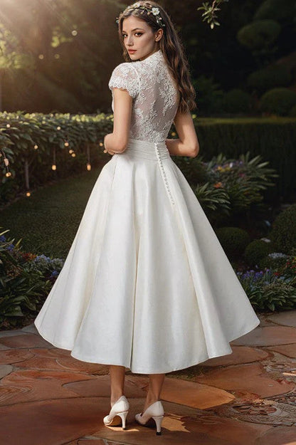 Ivory Ball Gown Wedding Dress Tea Length Lace V Neck Bridal Dress Elegant Formal Dress