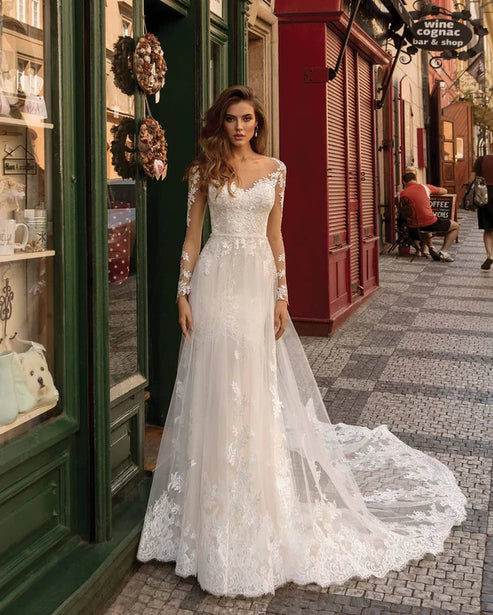 Modern Long Sleeves Mermaid Lace Ivory Wedding Dresses Beautiful