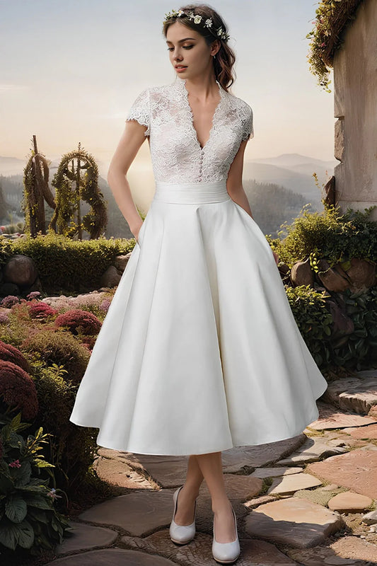 Ivory Ball Gown Wedding Dress Tea Length Lace V Neck Bridal Dress Elegant Formal Dress