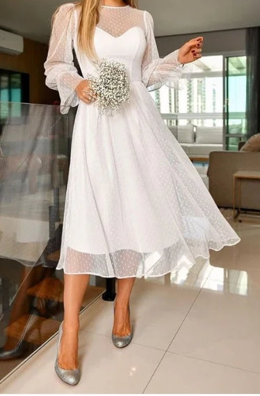 Elegant A-Line Long Sleeve Tea Length Wedding Dresses White Beautiful