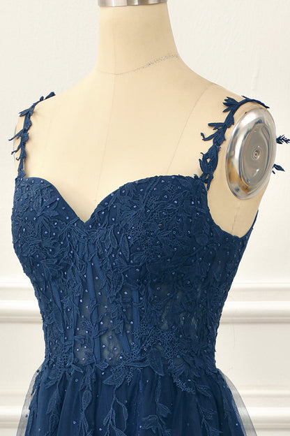 Navy Tulle A Line Corset Prom Dress With Appliques Floor Length Beautiful