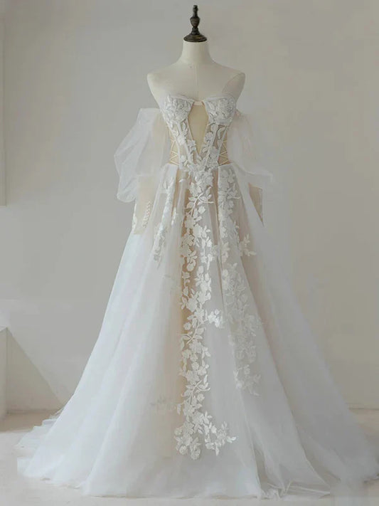 A-Line Lace Tulle Long Prom Dress Bride Gown Wedding Dress Beautiful