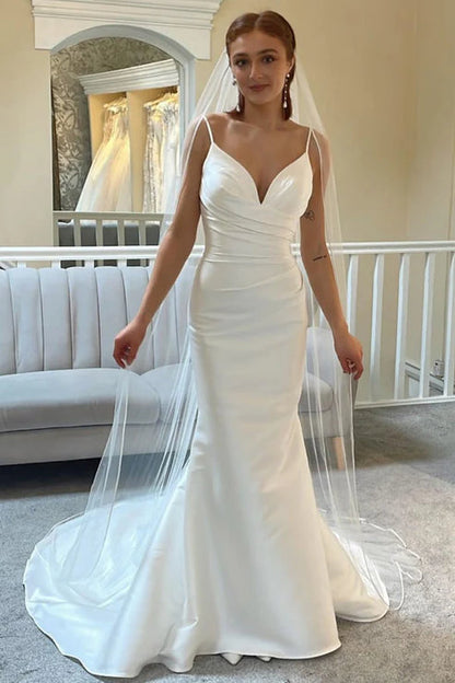 Ivory Spaghetti Strap Backless Mermaid Long Wedding Dress Sexy
