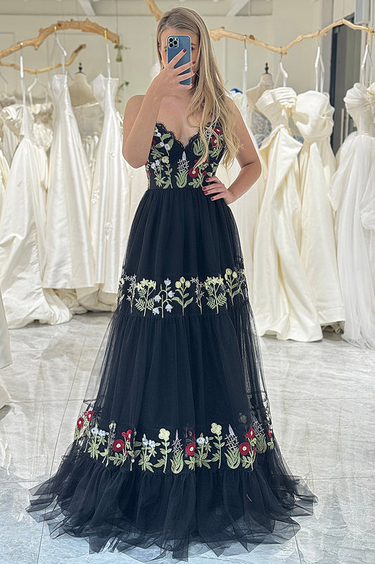Black A Line Spaghetti Straps Long Prom Dress With Appliques Beautiful Flowers