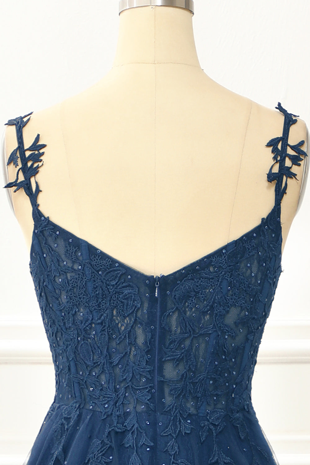 Navy Tulle A Line Corset Prom Dress With Appliques Floor Length Beautiful