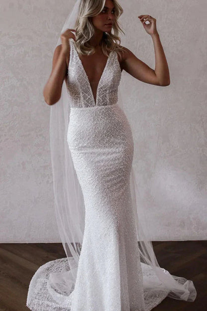 Sparkly Mermaid V Neck Sequins Lace Long Wedding Dresses Open Back Sexy
