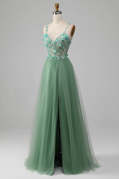 Sparkly Green A-Line Spaghetti Straps Corset Prom Dress With Appliques Beautiful With Slit