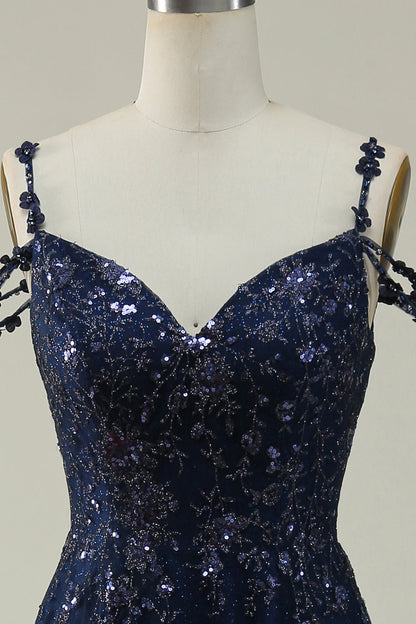Navy A Line Cold Shoulder Long Prom Dress V-neck Sexy Sparkly