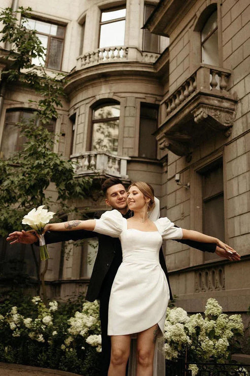 Bodycon Square Neck Satin Short Wedding Dresses with Lantern Sleeves White