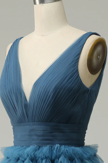 A Line V-Neck Blue Long Prom Dress Tulle With Open Back Sleeveless