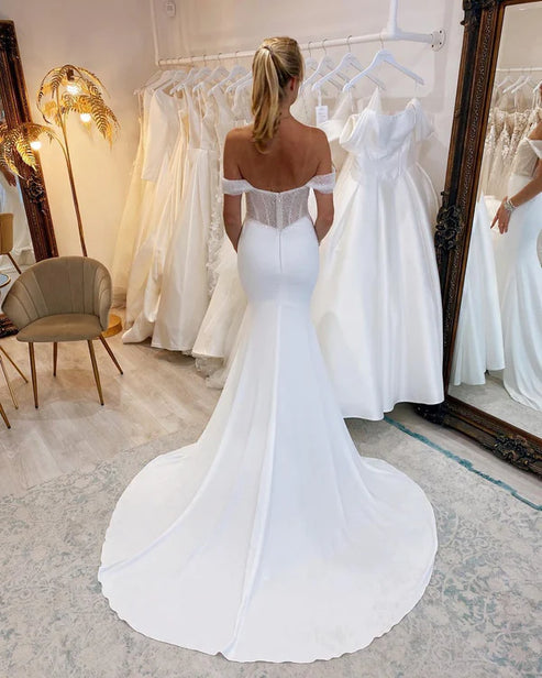 Charming Mermaid Off the Shoulder Satin Long Wedding Dresses with Sequins Sparkly