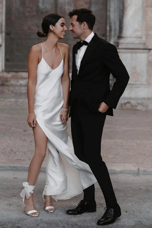 Charming Sheath Silk Satin Wedding Dresses with Slit Simple White Sexy Party Dress Formal Dress