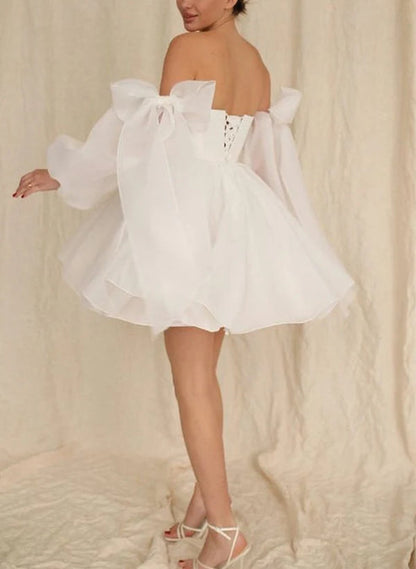A-Line Puff Long Sleeves Short Wedding Dresses With Bows Off Shoulder