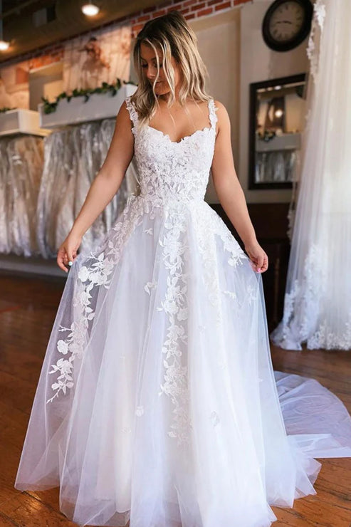 White Tulle Lace Long Prom Dress A-Line Formal Evening Dress Wedding Dress