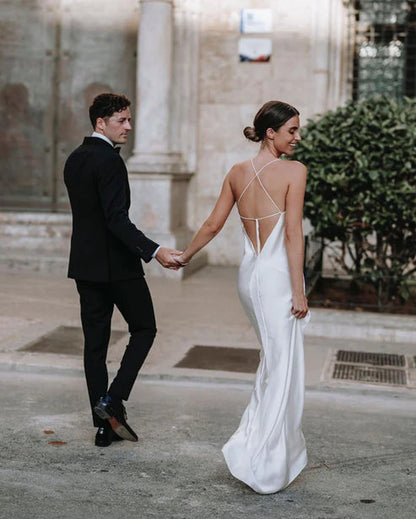 Charming Sheath Silk Satin Wedding Dresses with Slit Simple White Sexy Party Dress Formal Dress