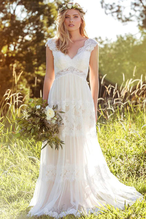 V-Neck Long Cap-Sleeve Appliqued Lace Tulle Wedding Dress Elegant Beautiful