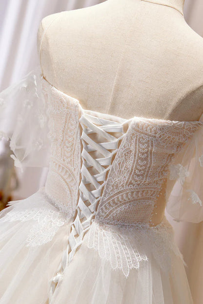 Champagne Floor Length Lace Long Prom Dress Off the Shoulder Evening Dress Wedding Dress