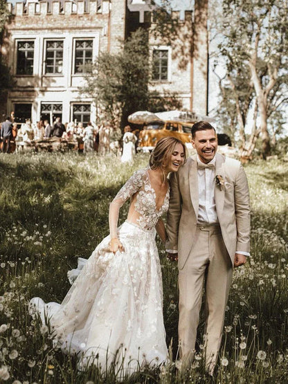 Romantic A-line Wedding Dresses With Long Sleeves Lace Bridal Gowns Elegant