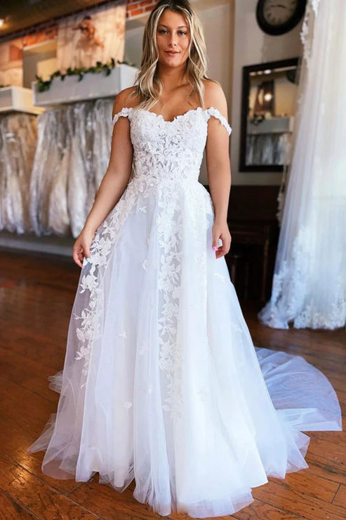 White Tulle Lace Long Prom Dress A-Line Formal Evening Dress Wedding Dress
