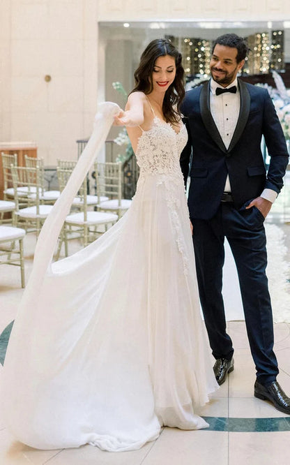 Spaghetti A-Line Lace Bohemian Wedding Dress With Open Back And Split Front Sexy