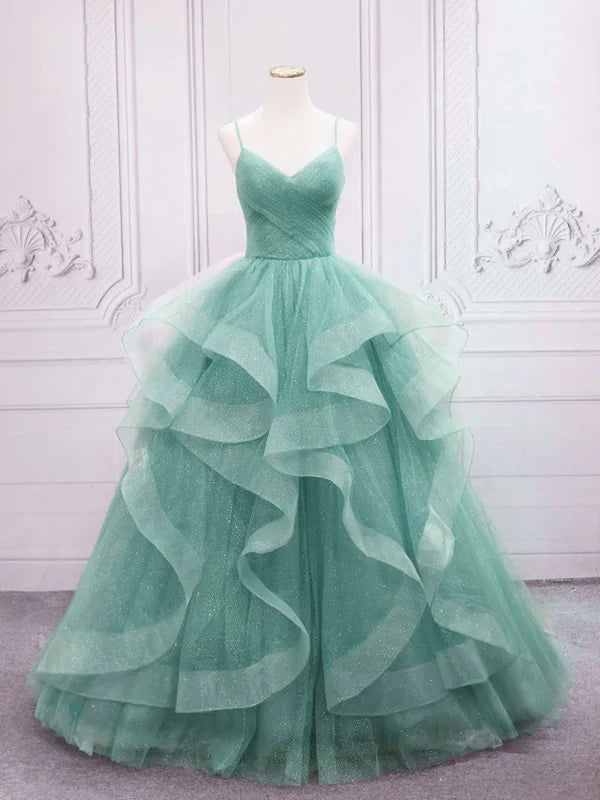 Sparkling Quinceanera Dress V Neck Tulle Long Prom Dress Green Sweet Dress Floor Length