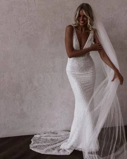 Sparkly Mermaid V Neck Sequins Lace Long Wedding Dresses Open Back Sexy